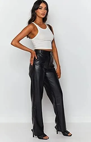 Vista 6 de Biivrii Leggings de piel sintética para mujer, pantalones de cintura alta, rectos, pierna ancha, de piel sintética, pantalones sólidos casuales