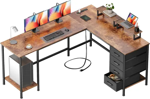 Vista 12 de Korfile - Escritorio para computadora en forma de L de 59 pulgadas con tomas de corriente, color negro