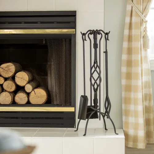 Vista 7 de UniFlame Juego de herramientas de chimenea de hierro forjado negro de 5 piezas con tejido central