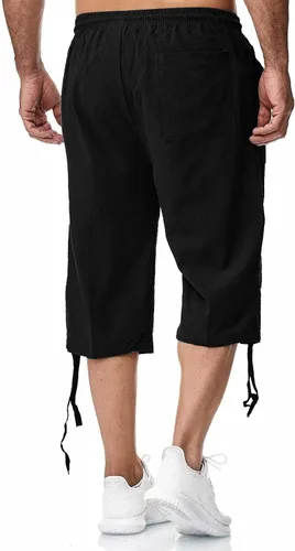 Vista 3 de Pantalones capri de lino para hombre, ligeros, sueltos, 34, pantalones cortos con cordón elástico en la cintura casual, pantalones de yoga