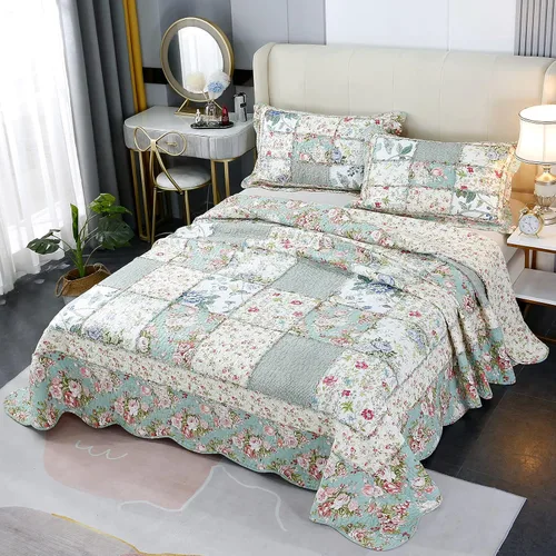 Vista 9 de Brandream - Juego de edredones de tamaño Queen, patchwork de algodón, edredón acolchado con estampado floral campestre verde, juego de colchas