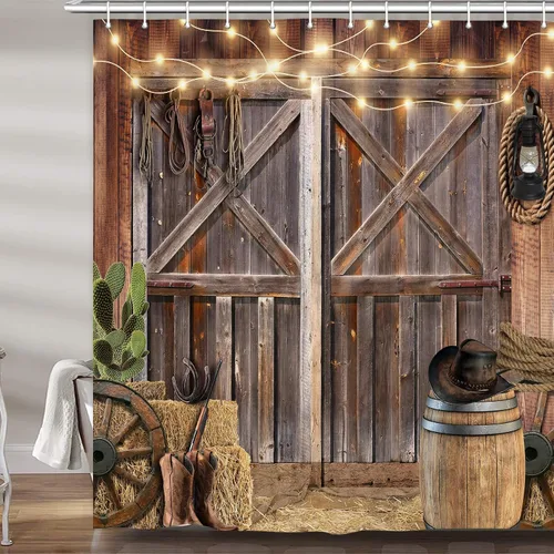 Vista 36 de Cortina de ducha de puerta de granero de madera rústica, 60 x 70 pulgadas, beige