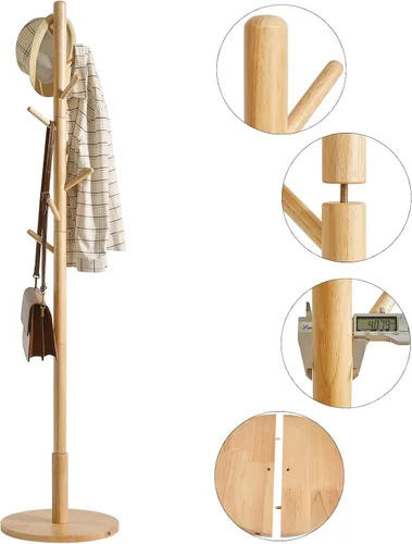Vista 6 de IBUYKE Perchero de madera, 8 ganchos, 3 opciones de altura, natural WD-115 Round Base Coat Hanger,Easy Assembly,Clothes Rack for Hallway Entryway