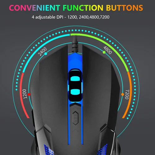 Vista 5 de FUWANG Ratón para juegos con cable, mouse USB para computadora con retroiluminación RGB, sensor óptico de 7200 DPI, mouse ergonómico para gamer