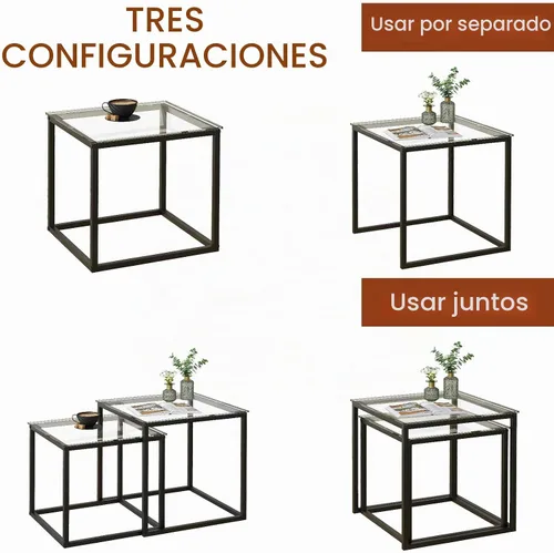 Vista 5 de Garden 4 you Juego de 2 mesas auxiliares modernas, mesa anidable de cristal, juego de mesa central cuadrada con marco de metal, mesas auxiliares
