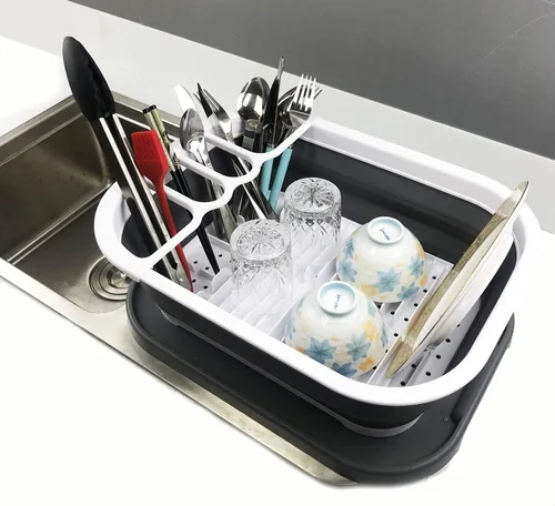 Vista 5 de SAMMART Escurridor de platos plegable de 3.17 galones con bandeja, juego de escurridor plegable, organizador de vajilla portátil, bandeja
