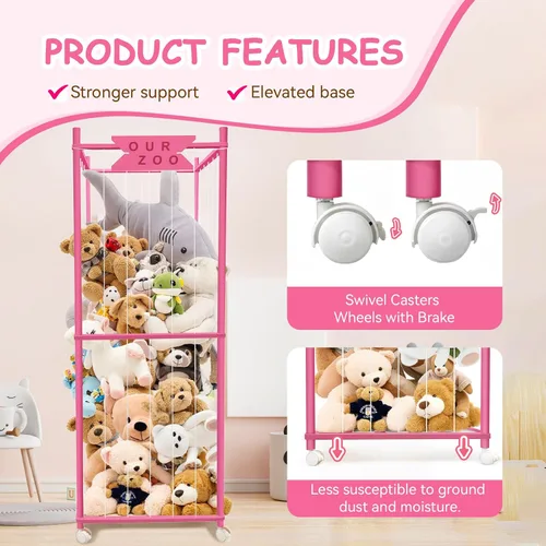 Vista 5 de Zoológico de almacenamiento de animales de peluche con ruedas, soporte de madera grande para animales de peluche, organizador de juguetes