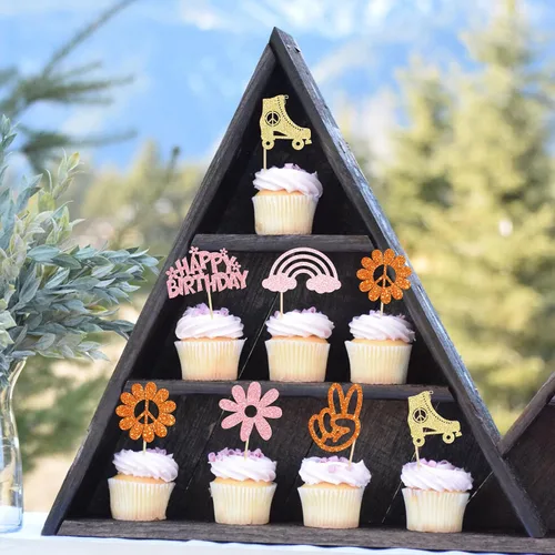 Vista 6 de Gyufise 24 piezas de decoración hippie para cupcakes con purpurina de los años 60, retro, bohemio, flor, sol, paz, mano, dos geniales selecciones