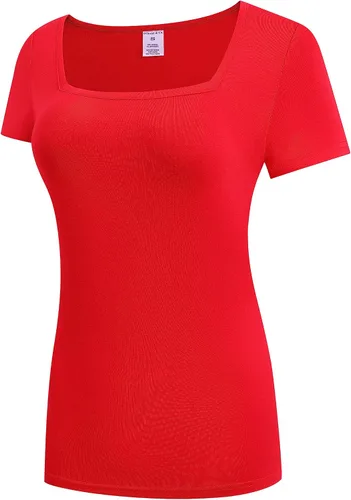 Vista 2 de OThread & Co. Camiseta de manga corta para mujer, cómoda, cuello cuadrado, capa elástica básica