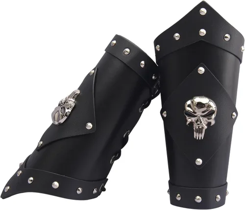 Vista 5 de Jeilwiy Brazaletes vikingos medievales de cuero, brazaletes de armadura de brazo, brazalete de cuero, guantelete punk para hombres y mujeres