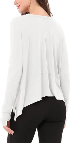 Vista 2 de ODODOS - Camisa para mujer, manga larga, tipo ombliguera, con agujero para el pulgar, deportiva, para ir al gimnasio, entrenamiento o yoga