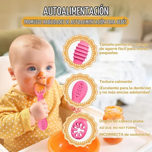 Vista 5 de HippoBaby Juego de 4 cucharas de silicona para bebé autoalimentación Utensilios para bebé 6-12 meses - 3 cucharas para bebé - 1 tenedor para bebé