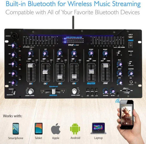 Vista 9 de Pyle Controlador DJ mezclador de 6 canales con Bluetooth, sistema de mezcla digital de sonido profesional con iluminación LED, controles