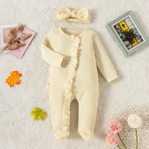 Vista 2 de YINGISFITM Traje para recién nacido, para niña y niño, con cremallera y volantes, overol de punto gofre, mameluco de punto gofre, ropa de hospital