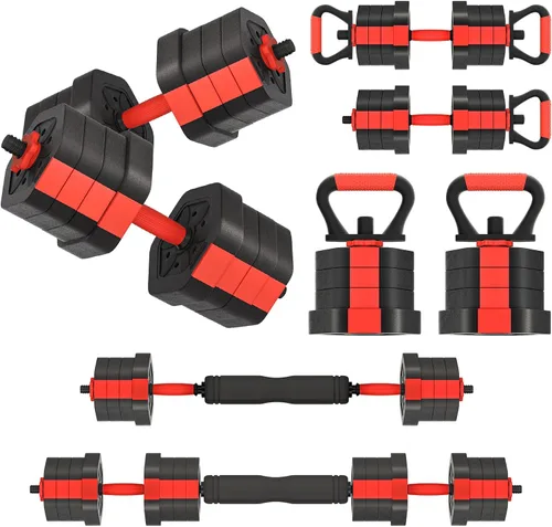 Vista 17 de VIVITORY Juego de mancuernas de pesos ajustables, pesas libres con conector, juego de mancuernas ajustables antideslizantes, barra para gimnasio