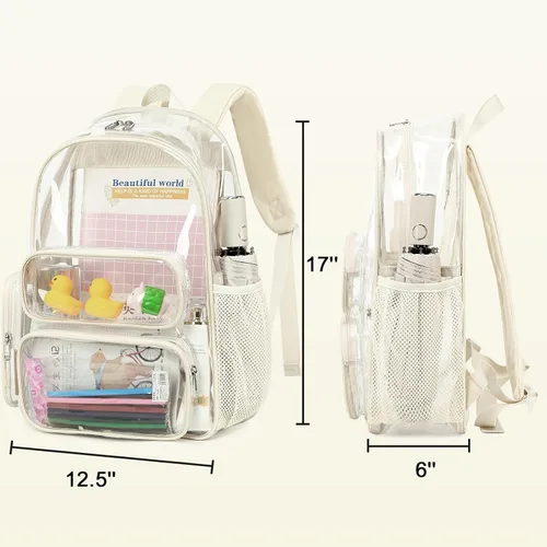Vista 3 de CAMTOP Mochila transparente resistente y transparente para estudiantes, escuela, trabajo, festival, viajes, deportes, Beige, Mediana, Camtop Mochila