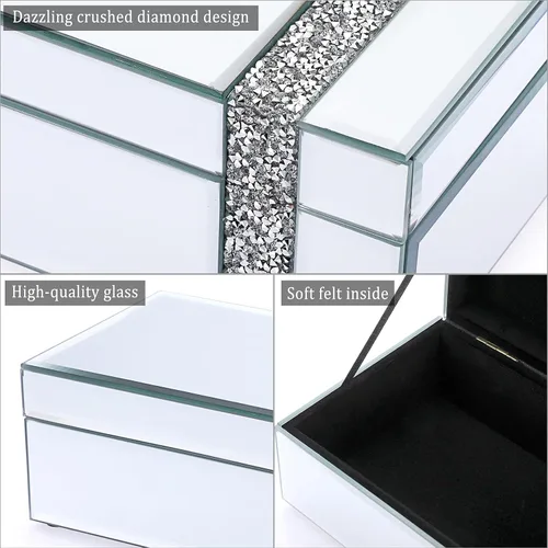 Vista 6 de ELLDOO Joyero de cristal con espejo con decoración de tiras de diamantes triturados, caja organizadora de lujo para baratijas, caja decorativa, caja