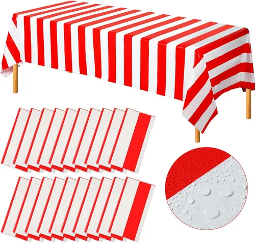 Vista 8 de Batiyeer 6 manteles de carnaval, mantel a rayas rojas y blancas, decoración de circo de plástico, impermeable, rectangular, para el hogar, cocina