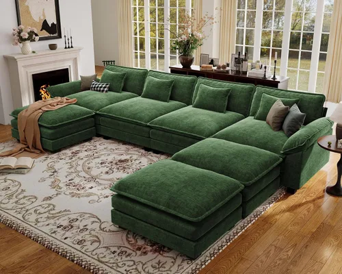 Vista 10 de Sofá modular de gran tamaño de 154 pulgadas, cómodo sofá en forma de U con 3 otomanas móviles, sofá moderno de felpilla de 7 plazas para sala