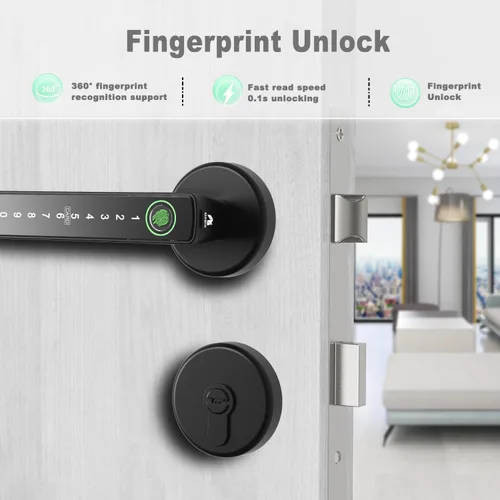 Vista 3 de Juego de cerradura inteligente para puerta, huella digital, código de acceso, tarjetas, control de aplicación, cerrojo de entrada sin llave con asa