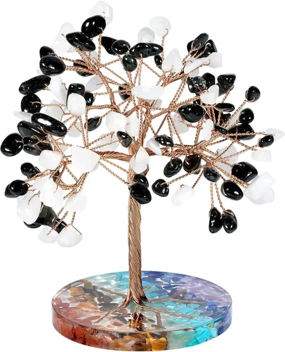 Vista 11 de rockcloud Árbol de dinero de alambre de cobre de cristal aguamarina con base redonda de resina colorida, árbol de piedra bonsái hecho a mano