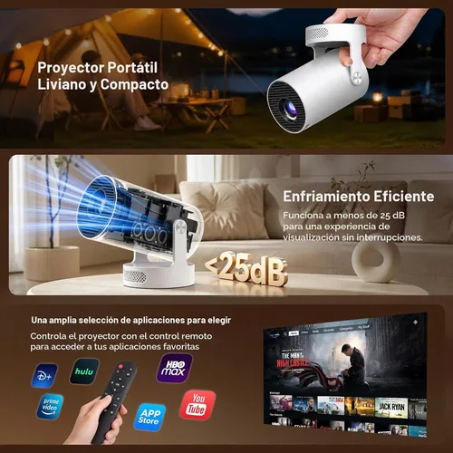 Vista 9 de Mini proyector con WiFi y Bluetooth, aplicaciones integradas, Keystone automático, rotación de 180°, soporte de 1080P/4K, proyector portátil Blanco