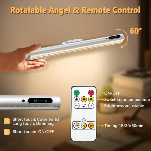 Vista 4 de Hapfish Tira de luces de pared que funcionan con pilas, barra de luz LED magnética recargable con control remoto, lámpara de escritorio regulable