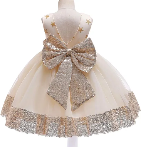 Vista 5 de Vestido de bebé de 12M-6Y con lentejuelas, lazo, flores, encaje, boda, concurso, tutú, vestido con gorro