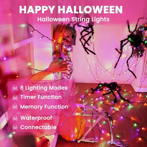 Vista 2 de Luces de Halloween - Tira de luces naranjas, verdes y moradas con 8 modos, guirnalda resistente al agua de 82 pies con 200 luces LED para decoración