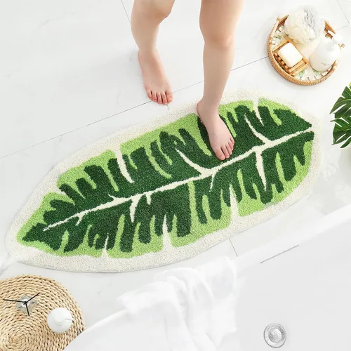 Vista 7 de Litabel Juego de Alfombras de Baño de Hoja Verde de 2 Piezas, Lindas Alfombrillas de Baño Antideslizantes en Forma de Monstera de Felpa, Juego