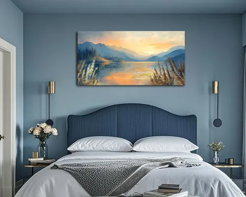 Vista 3 de Arjun Pintura de Paisaje Puesta de Sol Montaña Lago Arte de Pared en Lienzo con Textura Enmarcado Grande 40"x20"- Impresiones de Cuadros Serenos