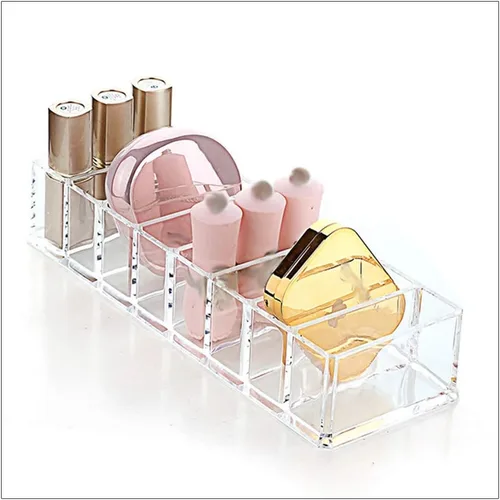 Vista 2 de Organizador compacto de acrílico transparente con 8 ranuras, soporte organizador de maquillaje para tocador, organizador de maquillaje desmontable