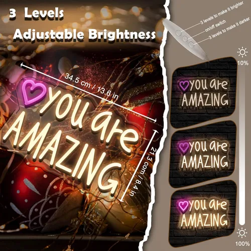 Vista 4 de Letrero de neón "You Are Amazing" para decoración de pared para dormitorio, aula, bar, pub, club, guardería, colgante, luz LED rosa USB regulable