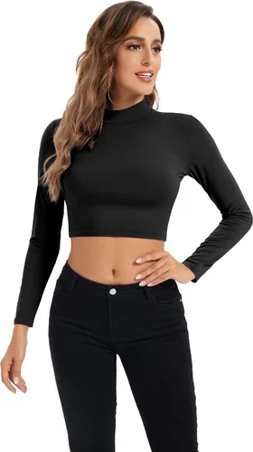 Vista 4 de Camisetas cortas de manga larga para mujer, ligeras, con cuello alto falso, capa base