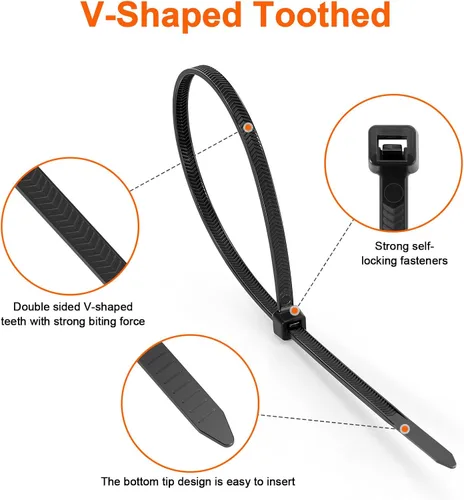 Vista 4 de Bridas de cremallera de 8 pulgadas con dientes de doble cara, resistencia a la tracción de 65 libras, bridas para cables resistentes con autobloqueo