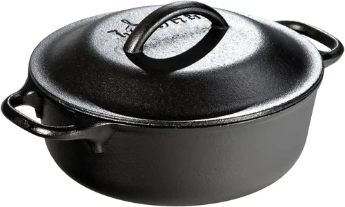 Vista 8 de Horno holandés doble y cacerola con cubierta que se puede usar como sartén. Producto Lodge L8DD3 de 5 cuartos, Cast Iron Horno holandés de hierro
