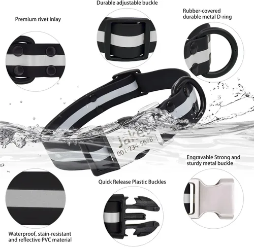 Vista 2 de Collar de perro personalizado impermeable y reflectante con placa de nombre, collar de perro de PVC fácil de limpiar con hebilla grabado nombre