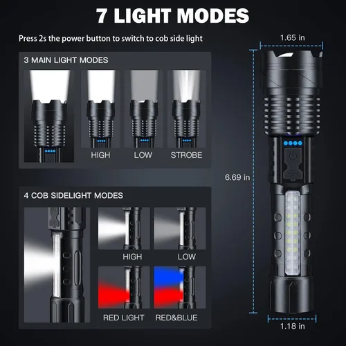 Vista 12 de Cinlinso Linterna de Altos Lúmenes Recargable Paquete de 2, 990000 Lúmenes Súper Brillantes, Linternas LED con 7 Modos de Luz, IPX6 Impermeable