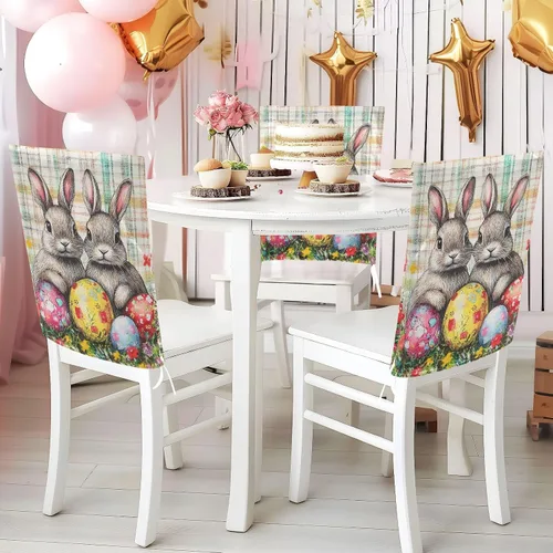 Vista 5 de Juego de 6 fundas decorativas para sillas de banquetes de boda, diseño de conejo, conejos, conejos de búfalo, para mesa de comedor