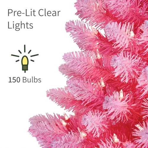 Vista 4 de Puleo International - Árbol de Navidad artificial preiluminado de 4 pies, pino rosa de moda con 150 luces claras, 196 puntas de ramas densas