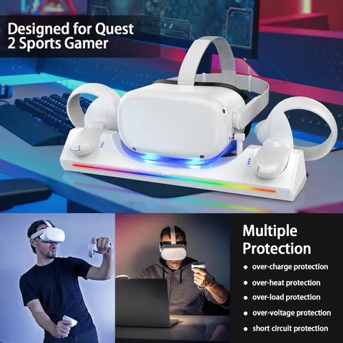 Vista 6 de WIOR Base de carga compatible con accesorios Oculus Quest 2, soporte de carga para auriculares VR, estación de carga magnética para Meta Quest 2