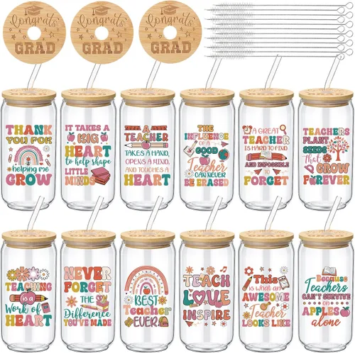 Vista 9 de Tioncy 12 vasos de vidrio de graduación de clase 2026 a granel con tapas y pajitas, regalos de graduación de 16 onzas, regalo de graduación 2026