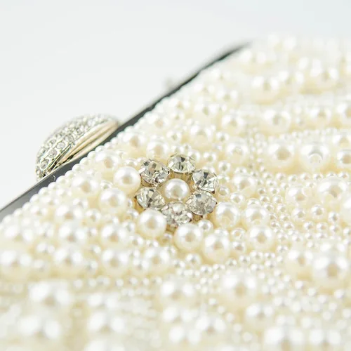 Vista 7 de Ofuleo Bolsos de mano de perlas de lujo, bandolera de cristal para mujer, para boda, noche, fiesta casual, Blanco