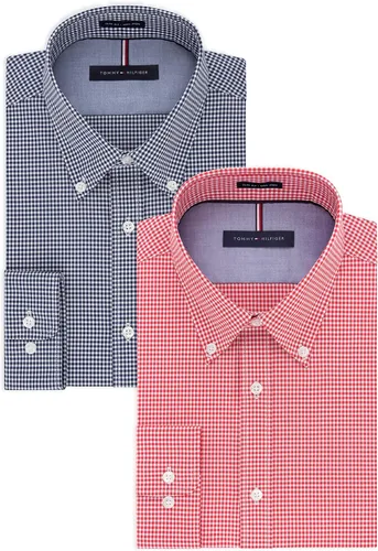 Vista 6 de Tommy Hilfiger - Camisa de vestir para hombre, ajuste delgado, no necesita planchado, a cuadros Aguamarina
