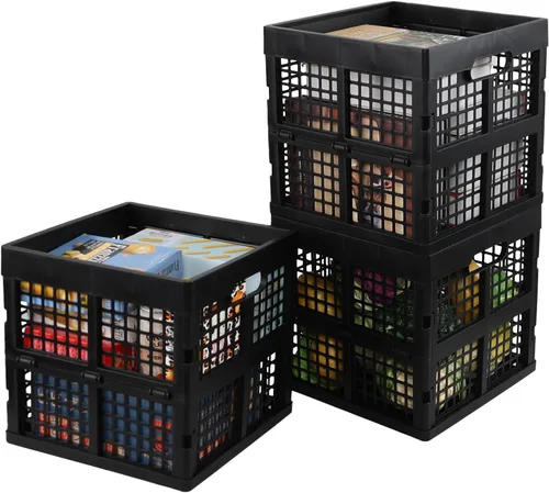 Vista 7 de Cajas de almacenamiento plegables de 18 L, cajas cuadradas de plástico, negro, paquete de 3