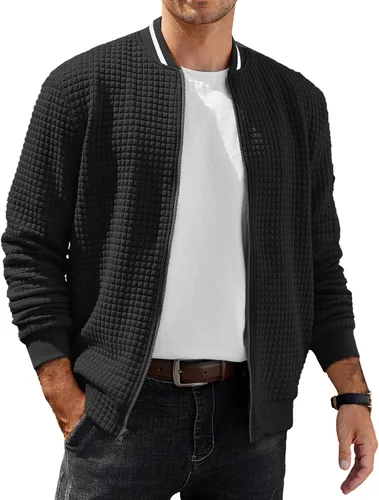 Vista 2 de COOFANDY - Chaqueta de suéter con cremallera para hombre, sudadera acanalada, bomber ligera, casual