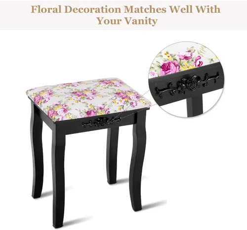 Vista 7 de Giantex Taburete de tocador de madera, silla acolchada, asiento de piano de maquillaje, banco de maquillaje con cojín rosa (negro)