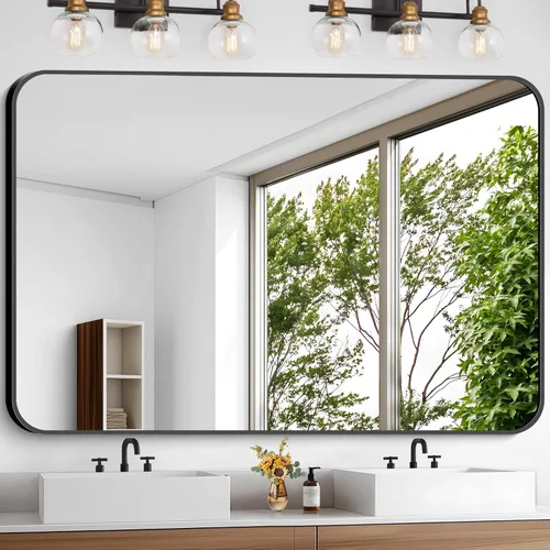 Vista 44 de Espejo de baño negro, espejos cuadrados de 18 x 18 pulgadas para pared, marco de metal, espejo de tocador de esquina redondeada para sobre
