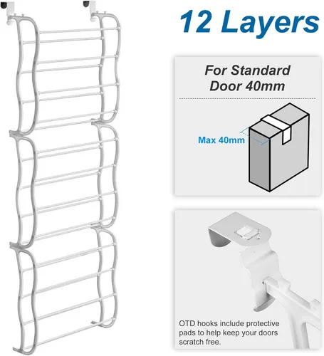 Vista 4 de TeqHome 36 pares de organizadores de zapatos sobre la puerta, estante colgante de metal de 12 niveles con diseño antideslizante para almacenamiento