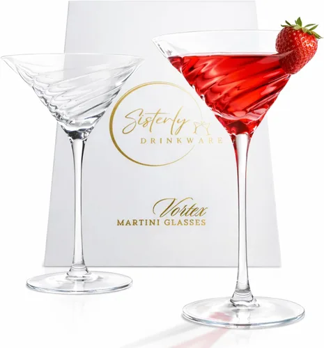 Vista 10 de Sisterly Drinkware - Juego de 2 vasos de Martini martillados transparentes – Vasos de cóctel hechos a mano con borde dorado con 2 púas chapadas